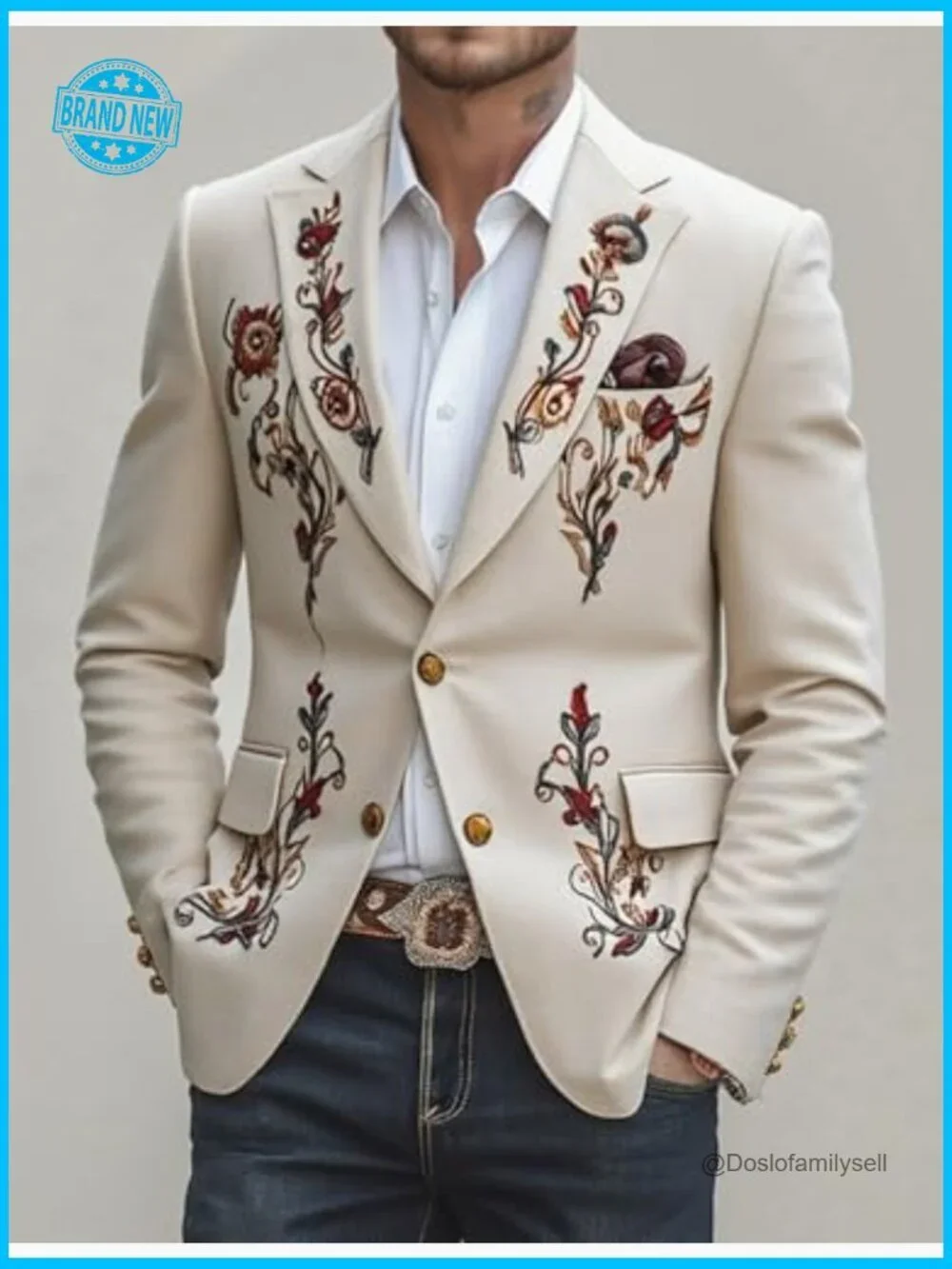 Vintage Western Embroidered Blazer Tailored Fit Cotton Linen Lightweight Jacket
